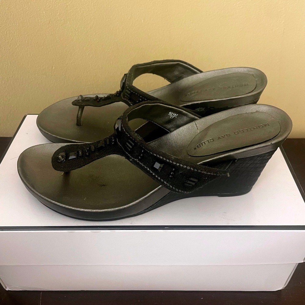 Montego‎ Bay Club Womens 6.5 Beaded Wedge Thong Sandals Pewter Metallic 62187